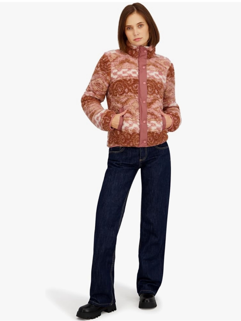 Billabong Womens Pink Brown White Aztec Print Sherpa Jacket Short Zip Pockets XL